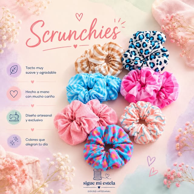 Variedad de scrunchies artesanales de colores